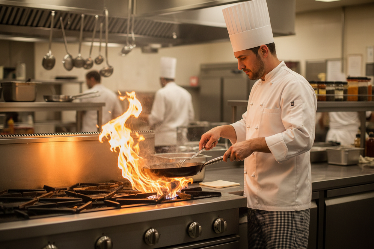 Chef using 6 burner stove top with fire underneath pan