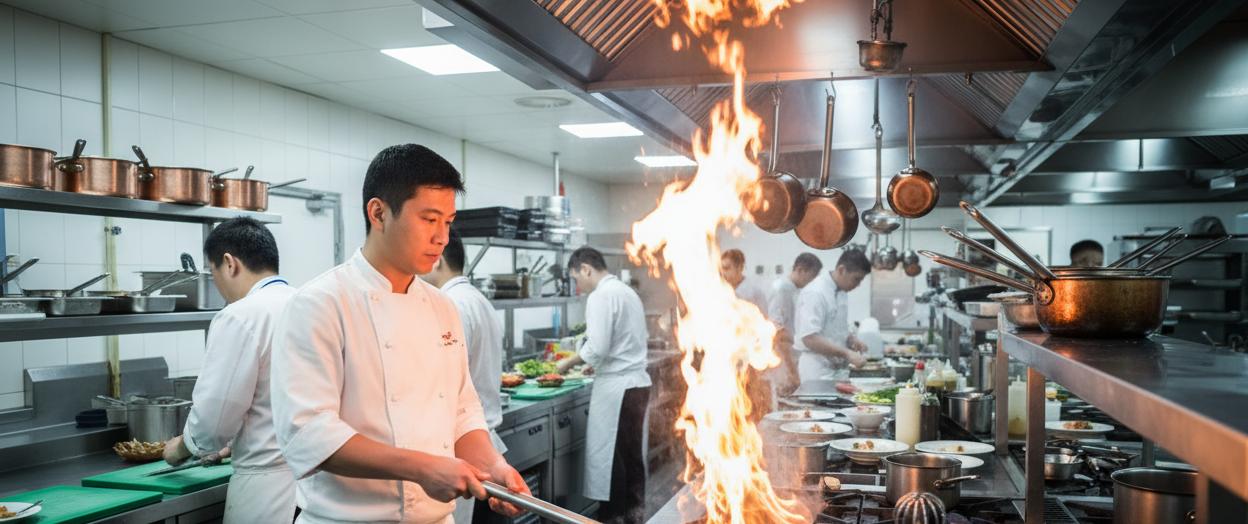 commercial kitchen in use with fire