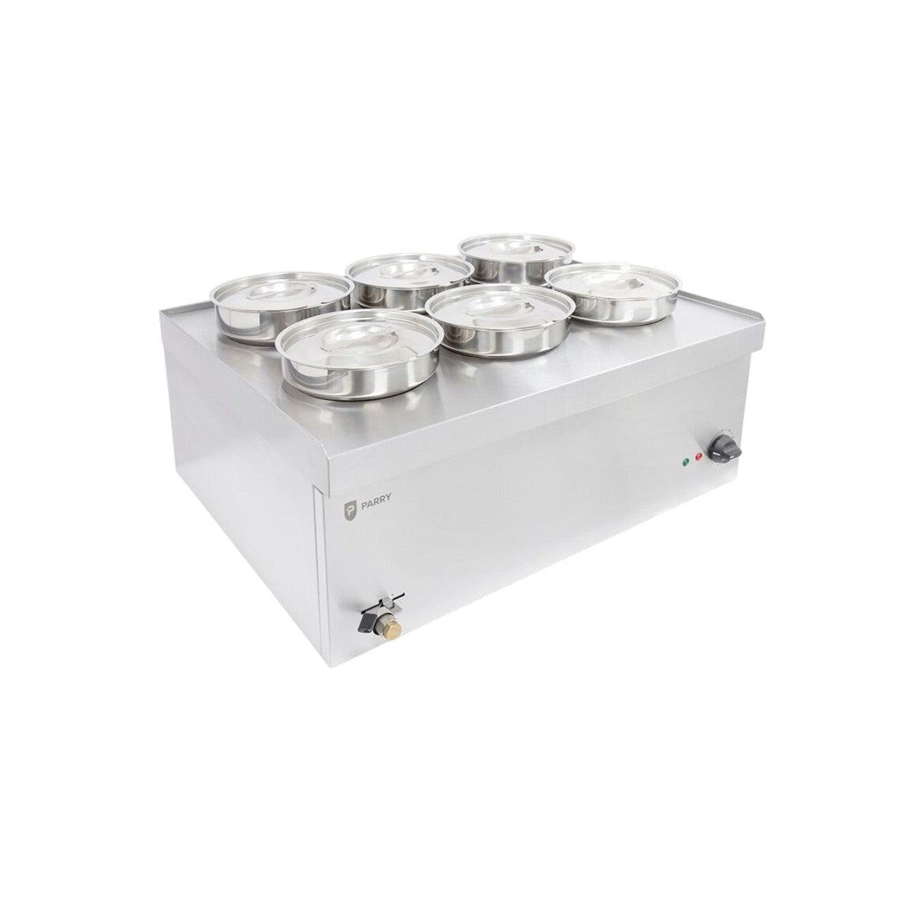 NPWB6 Electric Wet Bain Marie – 6 x 4L Stainless Steel Pots, Thermostat Control, Drain Tap, Countertop Catering Unit, 750 x 600 x 360mm, 3kW, Silver