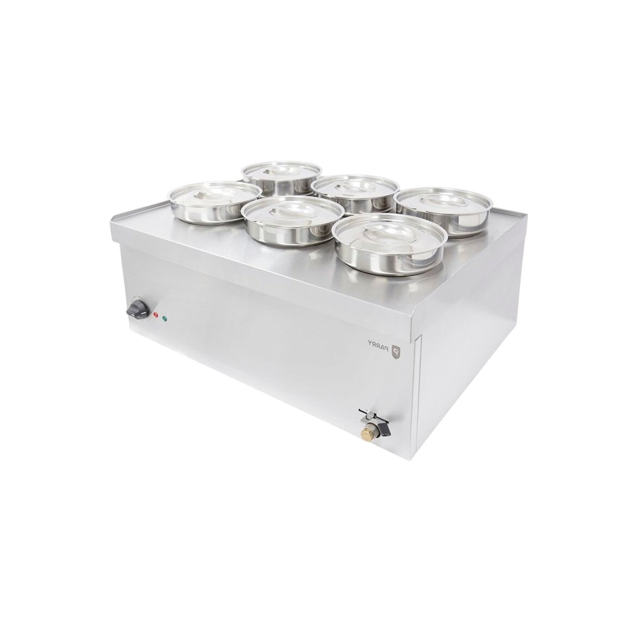 NPWB6 Electric Wet Bain Marie – 6 x 4L Stainless Steel Pots, Thermostat Control, Drain Tap, Countertop Catering Unit, 750 x 600 x 360mm, 3kW, Silver