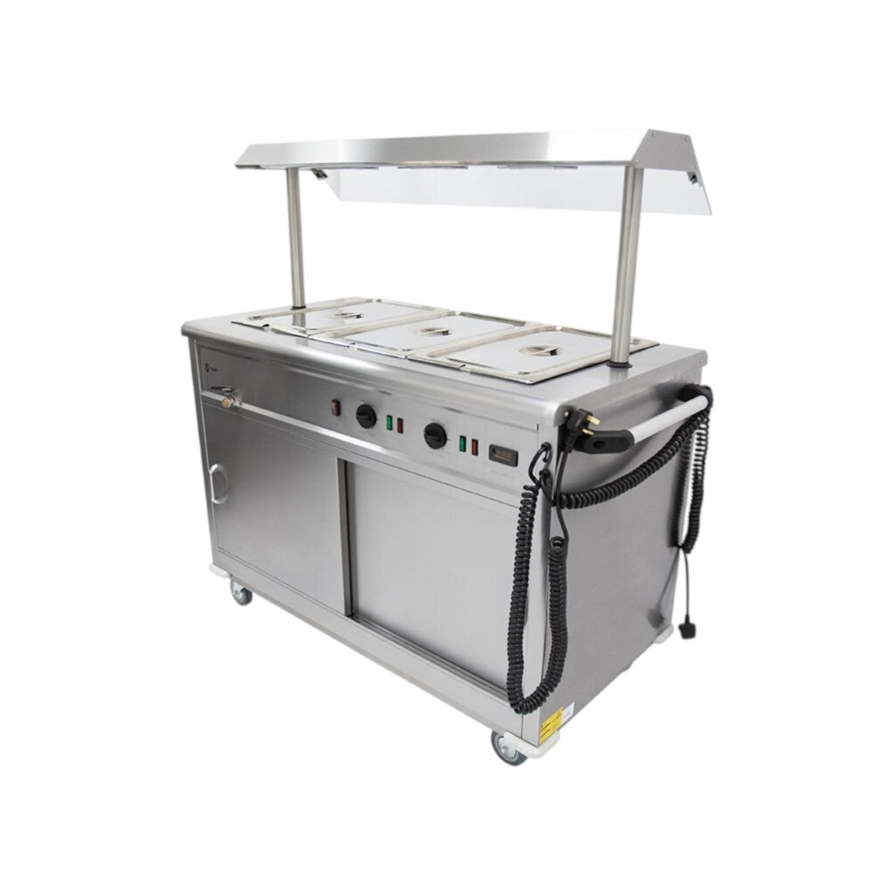 MSB12G Mobile Bain Marie Servery with Heated Gantry – Stainless Steel, Adjustable Shelves, Digital Temperature Control, Sliding Doors, 4 Castors, 2 x 13A Plugs – Commercial Catering Equipment