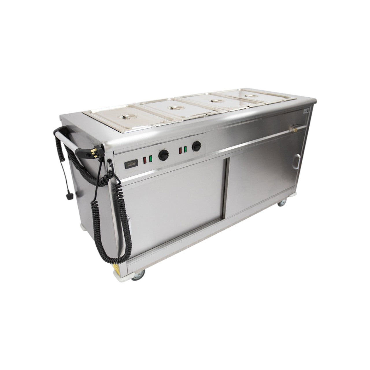 MSB15 Mobile Bain Marie Servery – Stainless Steel Catering Unit with Adjustable Shelves, Wet & Dry Bain Marie Top, Digital Temperature Display, Sliding Doors, Castors, 4.3kW, Plug-in, Silver