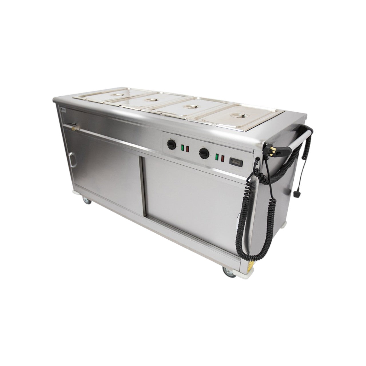 MSB15 Mobile Bain Marie Servery – Stainless Steel Catering Unit with Adjustable Shelves, Wet & Dry Bain Marie Top, Digital Temperature Display, Sliding Doors, Castors, 4.3kW, Plug-in, Silver