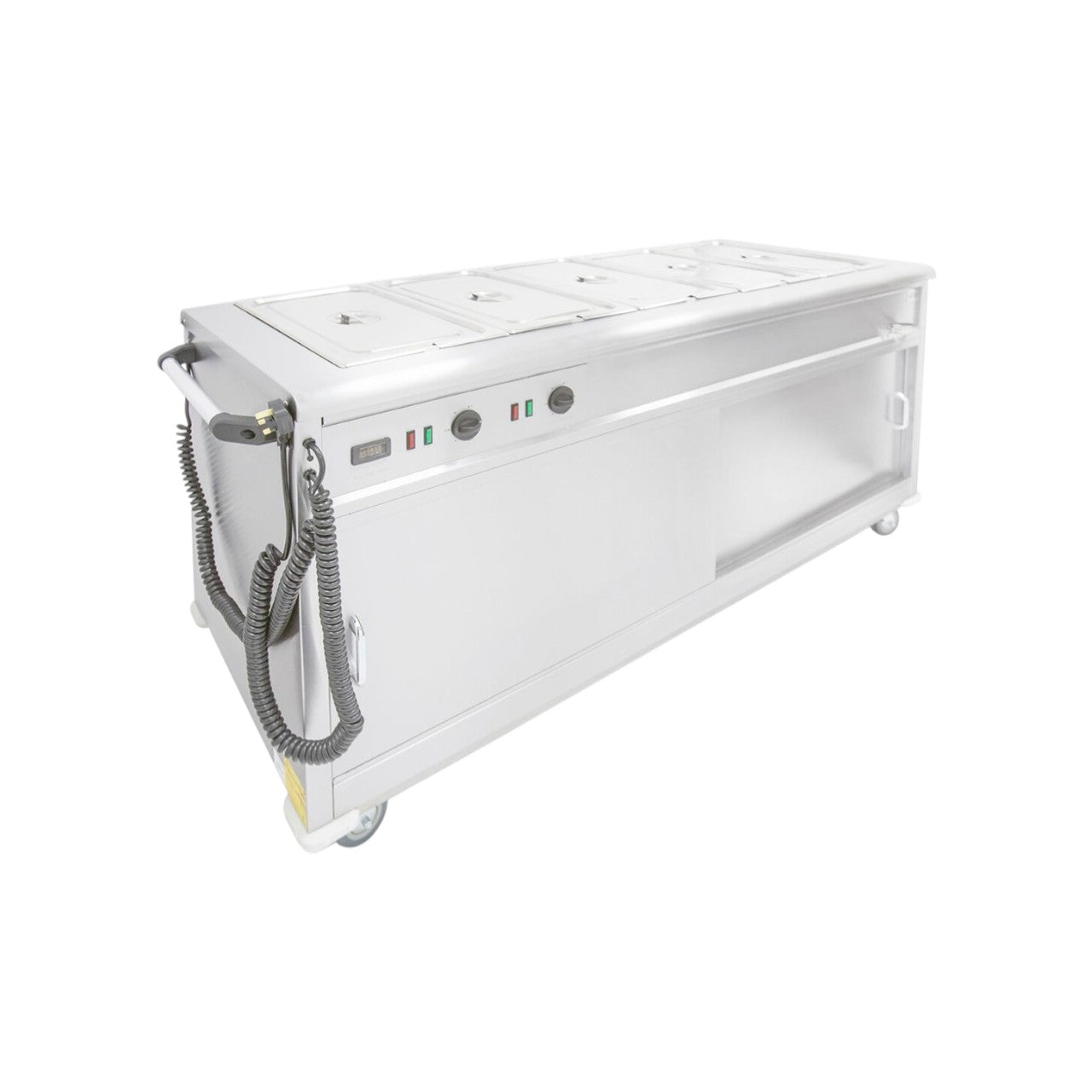 MSB18 Mobile Bain Marie Servery – Stainless Steel Heated Cabinet with Adjustable Shelves, Digital Temperature Control, Sliding Doors, Castors & Bain Marie Top – Wet or Dry Heat, 1955 x 675 x 900 mm, Silver
