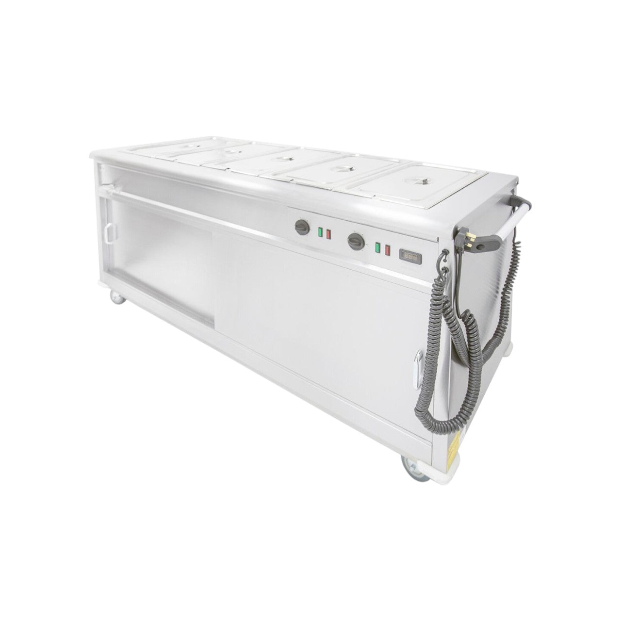 MSB18 Mobile Bain Marie Servery – Stainless Steel Heated Cabinet with Adjustable Shelves, Digital Temperature Control, Sliding Doors, Castors & Bain Marie Top – Wet or Dry Heat, 1955 x 675 x 900 mm, Silver