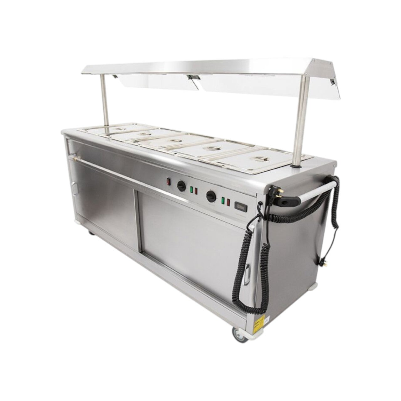 MSB18G Mobile Bain Marie Servery with Gantry – Stainless Steel, Adjustable Shelves, Wet/Dry Bain Marie, Digital Temperature Control, Sliding Doors, Heavy-Duty Castors – 1955 x 675 x 1356 mm