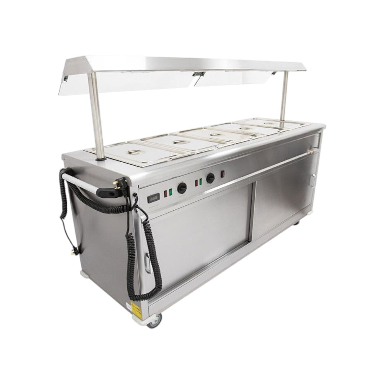 MSB18G Mobile Bain Marie Servery with Gantry – Stainless Steel, Adjustable Shelves, Wet/Dry Bain Marie, Digital Temperature Control, Sliding Doors, Heavy-Duty Castors – 1955 x 675 x 1356 mm