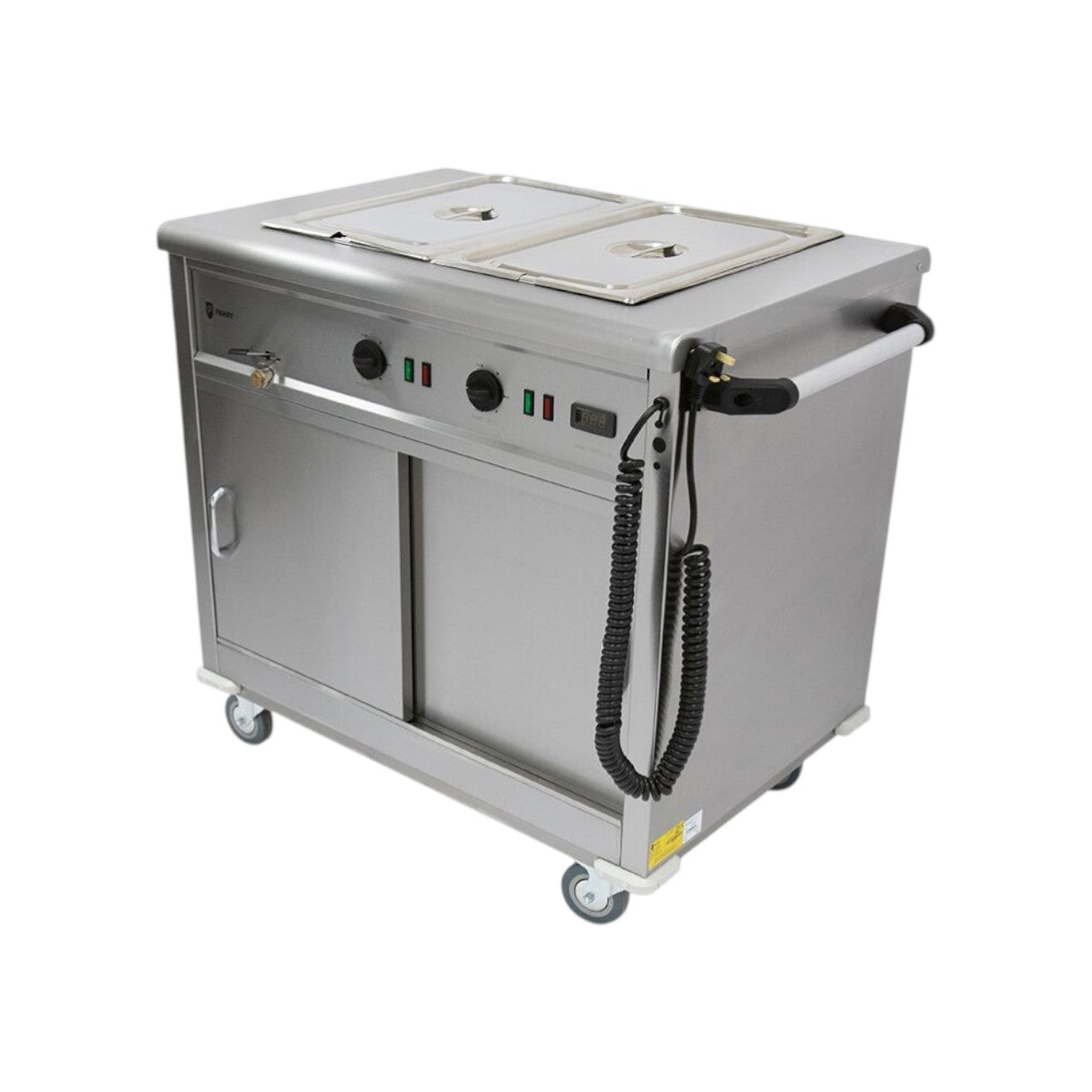 MSB9 Mobile Bain Marie Servery – Stainless Steel Heated Cabinet with Adjustable Shelves, Digital Temperature Display, Sliding Doors, Castors & Push Handle – 1005 x 675 x 900 mm, 13A Plug, Silver