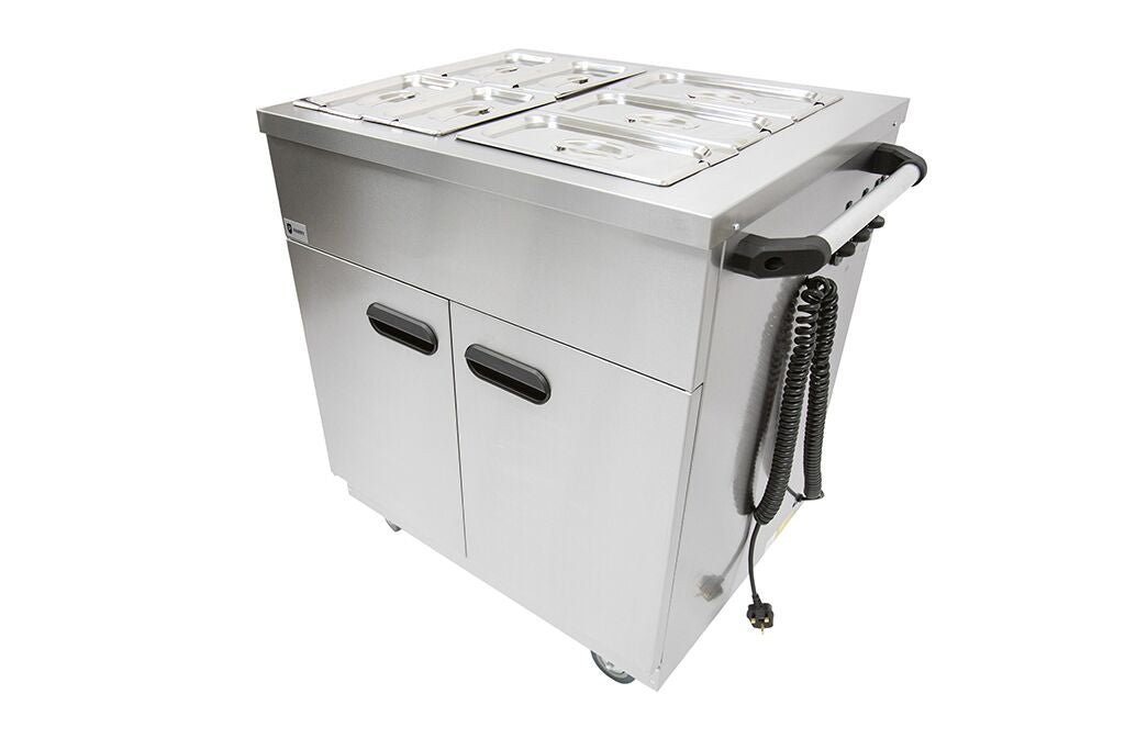 1887 Mobile Servery – Stainless Steel Bain Marie with Hot Cupboard, GN Pan Capacity, 30 Meal Serving, Castors, 13A Plug