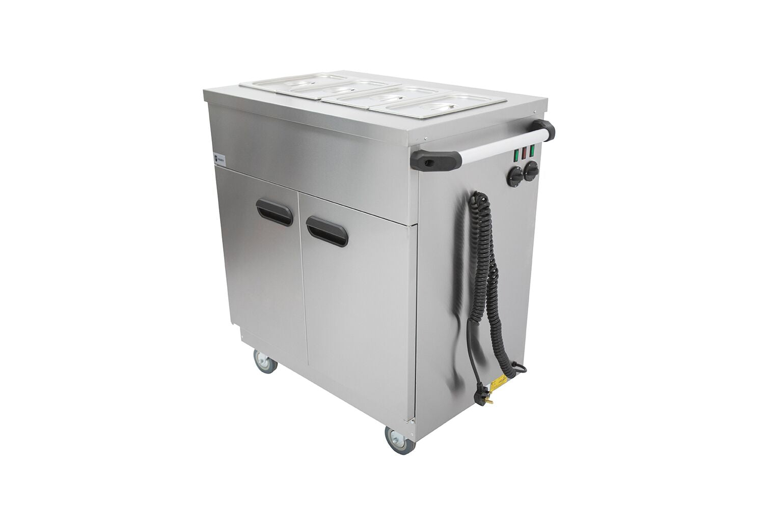 1894 Mobile Servery – Stainless Steel Hot Cupboard & Bain Marie Cart with 4 GN Pans, Removable Shelves, Castors, 20-Plated Meal Capacity