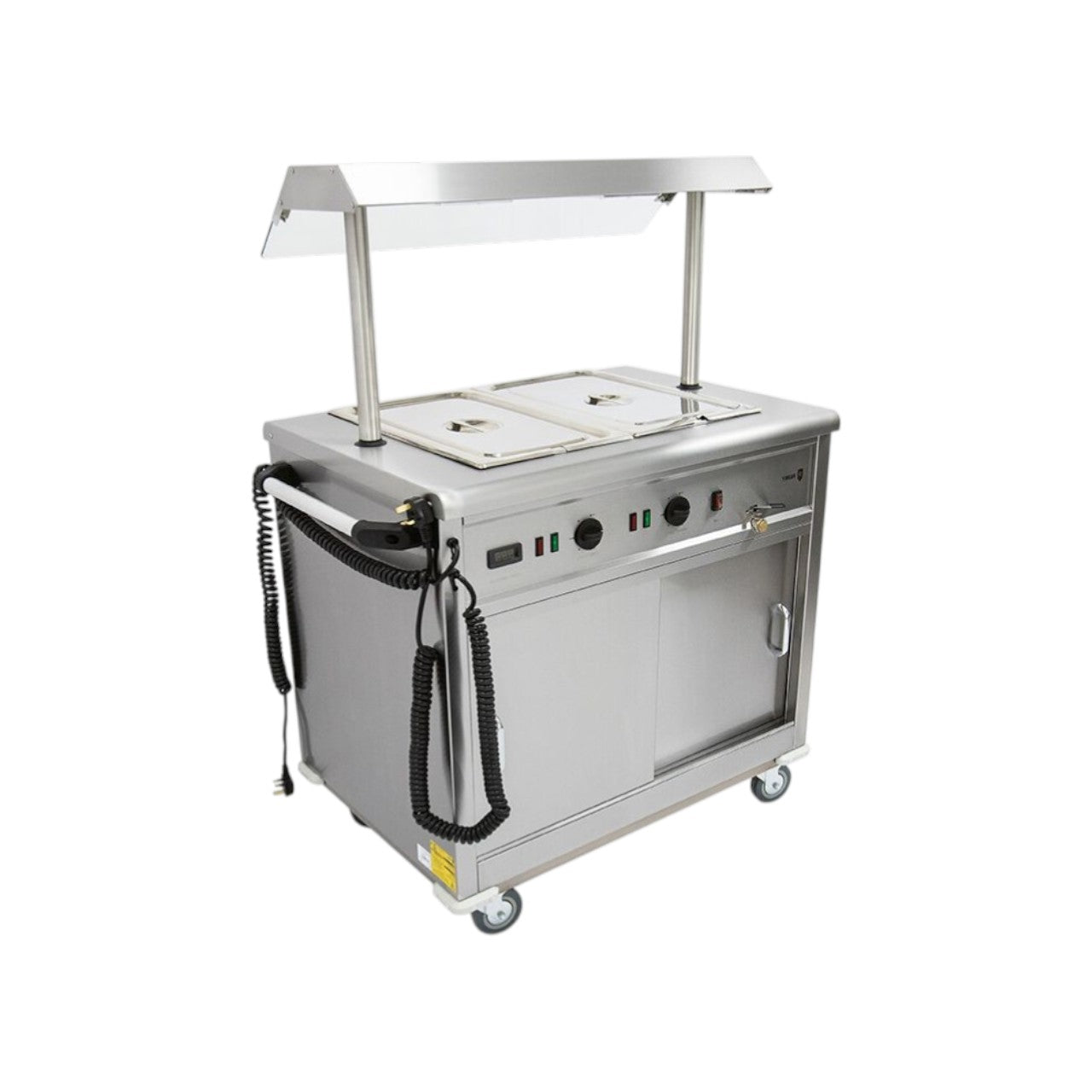 MSB9G Mobile Bain Marie Servery with Gantry – Stainless Steel Heated Cupboard & Wet/Dry Bain Marie, Digital Temperature Control, Sliding Doors, 4 Castors, Worktop Reinforced – Silver