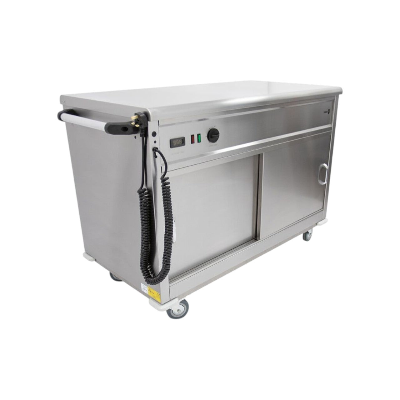 MSF12 Mobile Flat Top Servery – Stainless Steel Heated Cupboard with Adjustable Shelves, Digital Temperature Control up to 80°C, Sliding Doors, Castors & Push Handle, 1305 x 675 x 900 mm