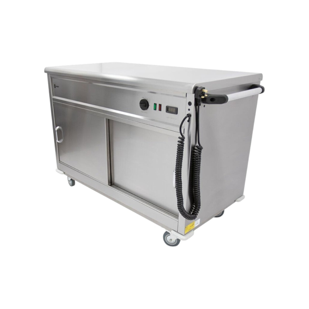 MSF12 Mobile Flat Top Servery – Stainless Steel Heated Cupboard with Adjustable Shelves, Digital Temperature Control up to 80°C, Sliding Doors, Castors & Push Handle, 1305 x 675 x 900 mm