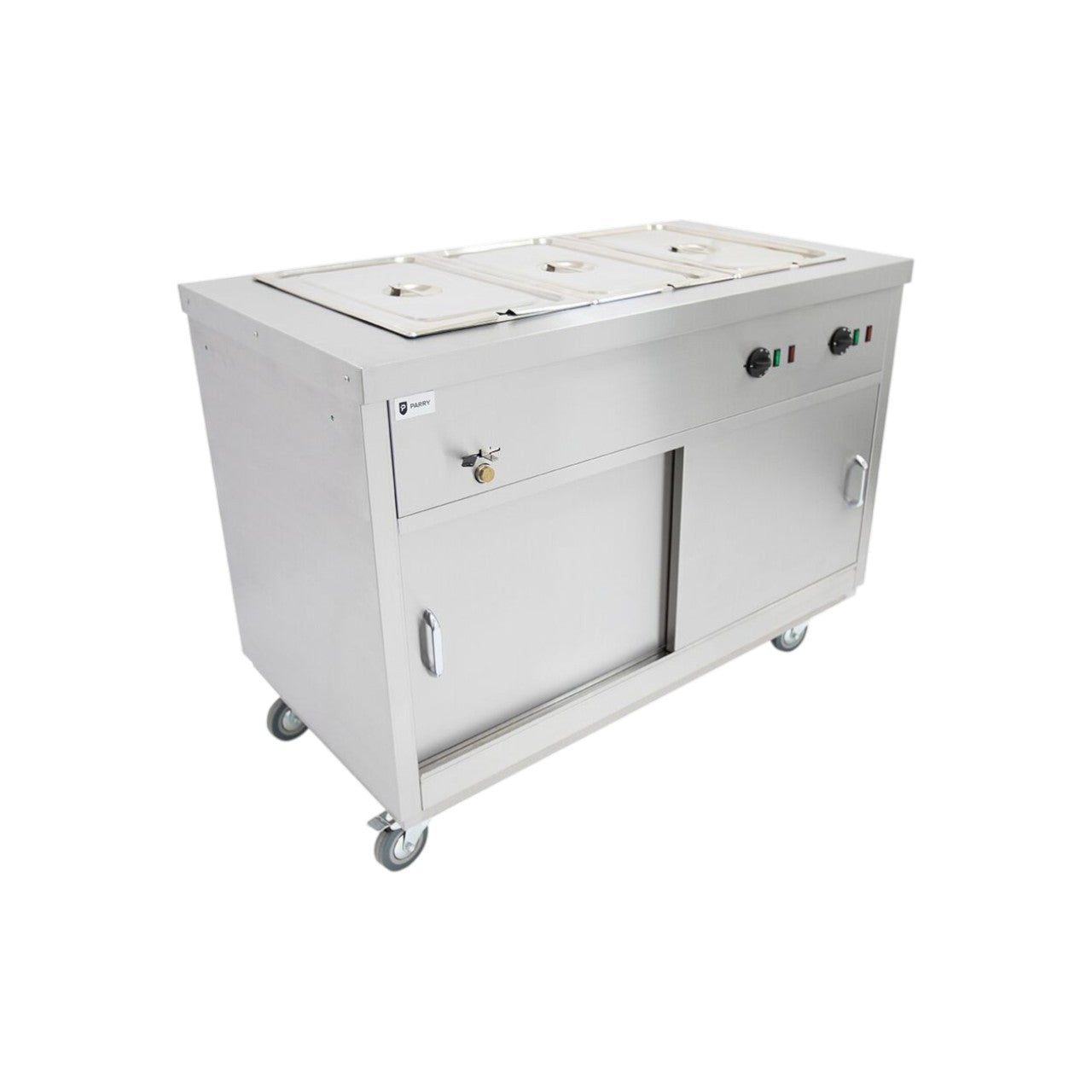Parry HOT12BM Stainless Steel Hot Cupboard with Bain Marie Top, 1200mm Commercial Heated Food Holding Cabinet with Sliding Doors & Castors, Wet or Dry Heat Bain Marie, 2.9kW Catering Servery Unit