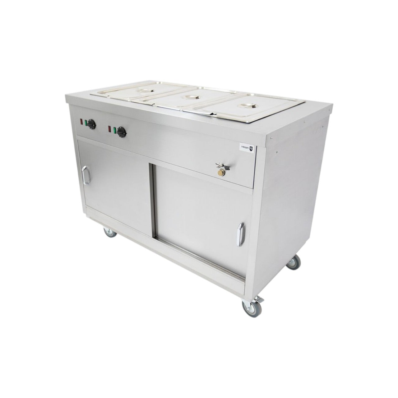 Parry HOT12BM Stainless Steel Hot Cupboard with Bain Marie Top, 1200mm Commercial Heated Food Holding Cabinet with Sliding Doors & Castors, Wet or Dry Heat Bain Marie, 2.9kW Catering Servery Unit