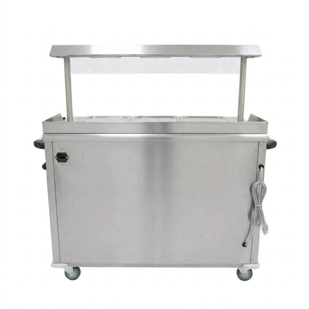 Mobile Bain Marie Servery with Heated Gantry – Stainless Steel, Digital Temperature Control, Sliding Doors, 4 Castors