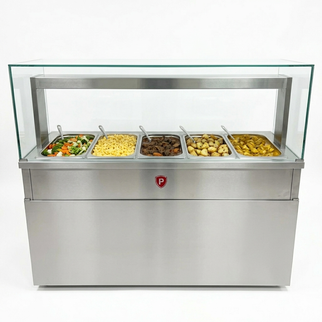 Heated Bain Marie Servery with Glass – Wet & Dry Heating, Counter Height, 1782mm, 2 x 13A Plugs