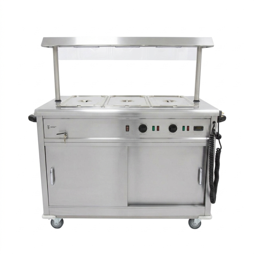 Mobile Bain Marie Servery with Heated Gantry – Stainless Steel, Digital Temperature Control, Sliding Doors, 4 Castors