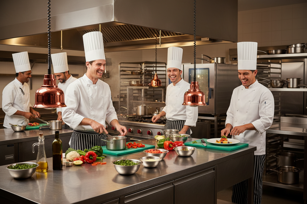 busy commercial kitchen preparing food with smiles on the chefs faces
