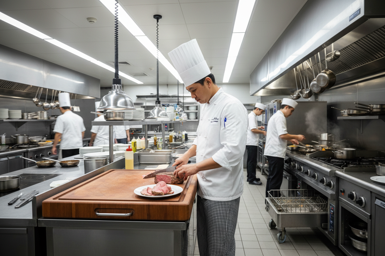 chef cutting up meat in a busy commercial kitchen