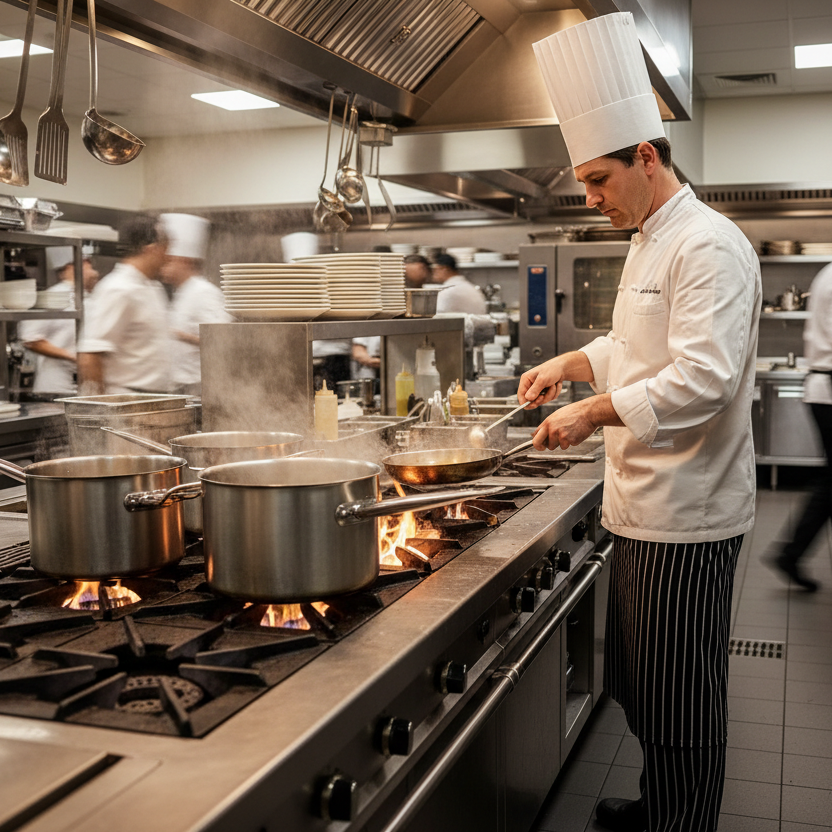 chef in a busy kitchen cooking food on a stove