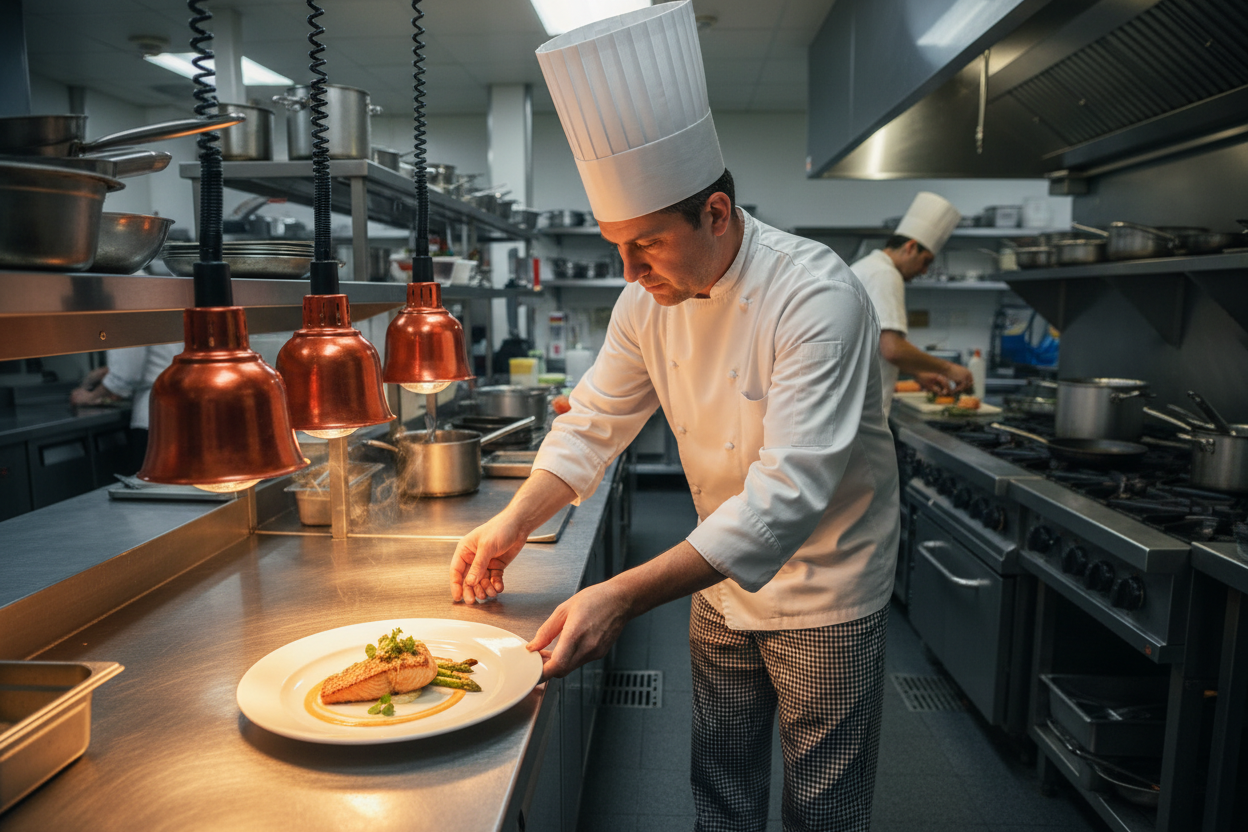 chef sliding food under heat lamps waiting for it to be served