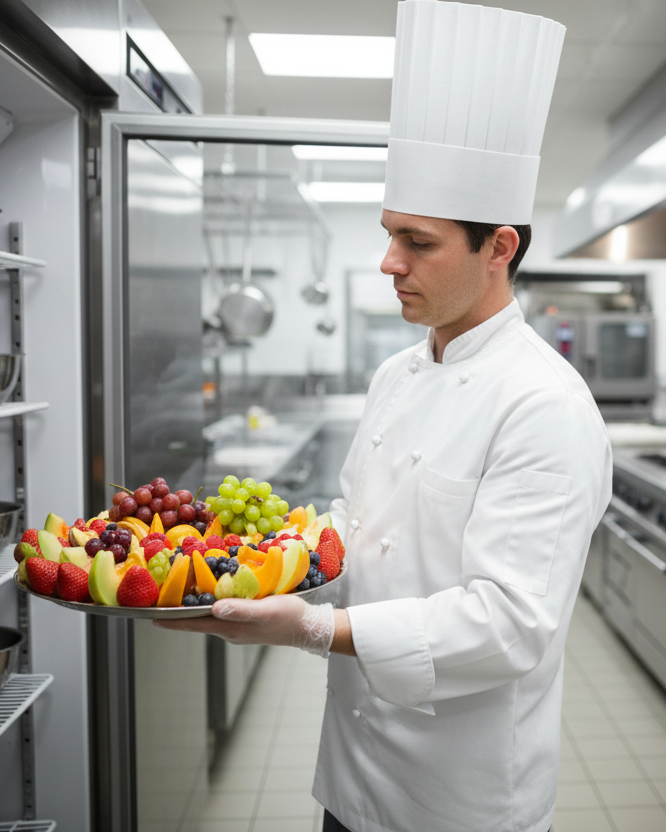 chef taking fruit platter out of a commercial kitchen fridge