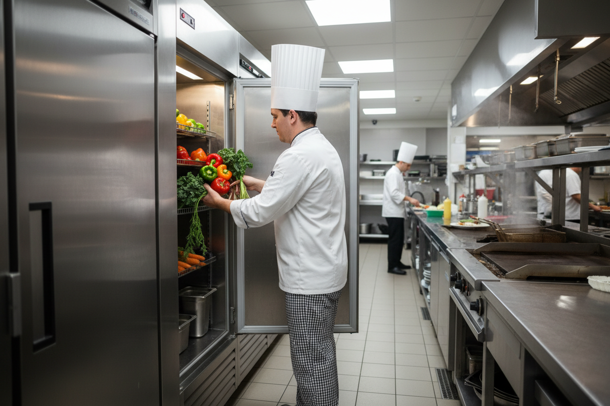 chef taking vegetables out of a fridge in a busy commercial kitchen