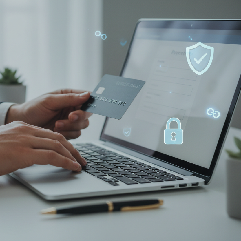 “Close-up of hands using a laptop and credit card in a professional business environment, subtle security icons or lock symbol overlay, clean and minimal style, neutral background, corporate tone”