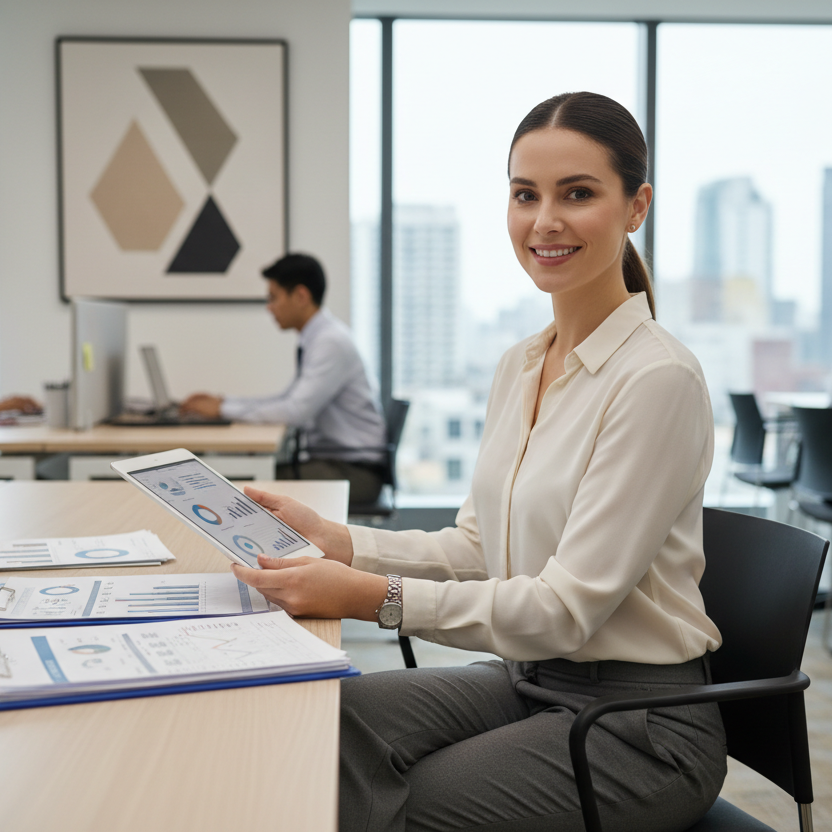 Customer support team member in a modern office environment reviewing paperwork or tablet, professional and approachable, neutral tones, business-focused setting, no lifestyle props