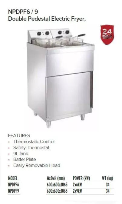Double Pedestal Electric Fryer – 2 x 9L Tanks, 18kW, Thermostatic Control, Stainless Steel, Hardwired