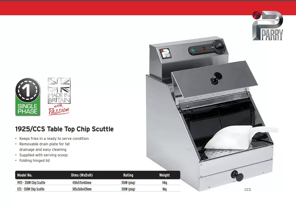 Countertop Chip Scuttle Fry Warmer – Stainless Steel, Removable Drain & Drip Tray, 350W
