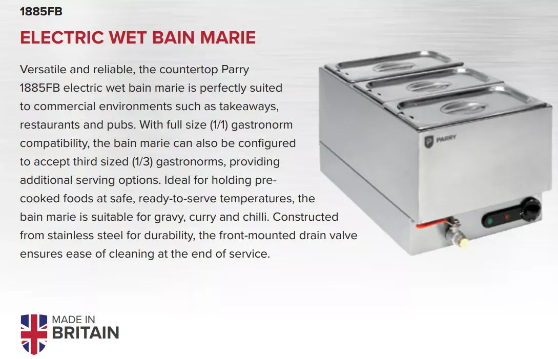 Countertop Electric Wet Bain Marie – 1 x 1/1 GN Pan, Stainless Steel, Thermostat Control & Drain Tap