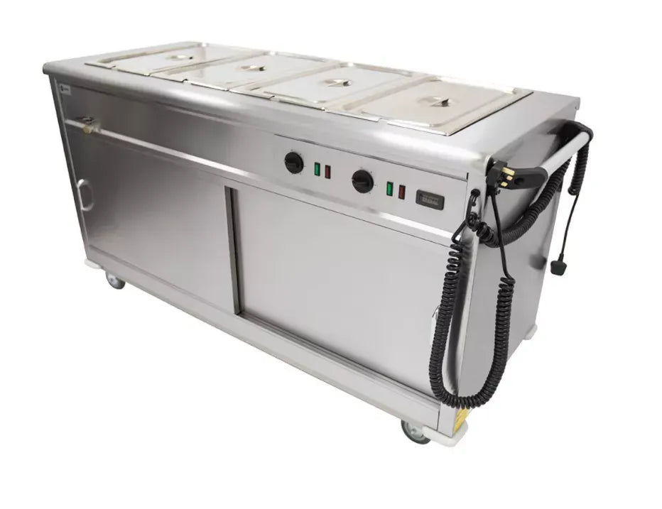 Mobile Bain Marie Servery – 1500mm Stainless Steel, Wet & Dry Heat, Digital Display, Sliding Doors, Castors, 4.3kW