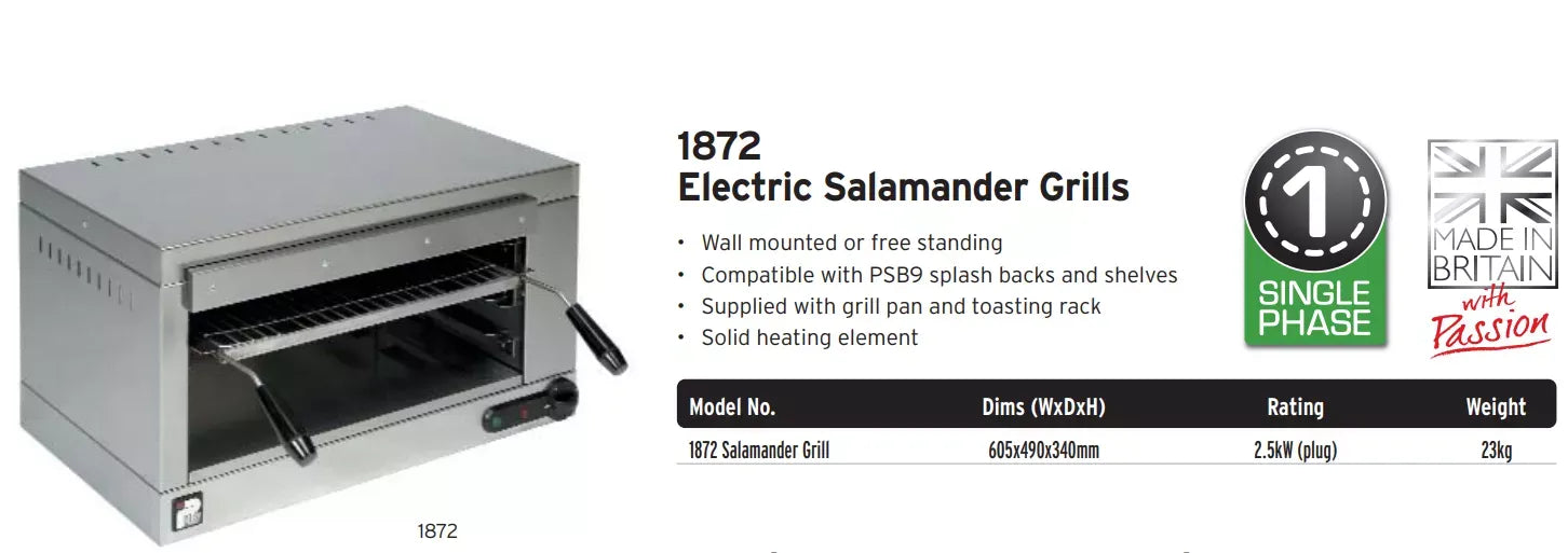 Electric Salamander Grill – 2.5kW Wall-Mount or Tabletop, Removable Pan & Toasting Rack, 3 Heat Settings