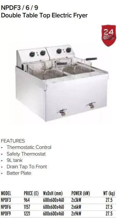 Double Countertop Electric Fryer – 2 x 9L, Twin Baskets, Thermostatic Control, Stainless Steel, Hardwired