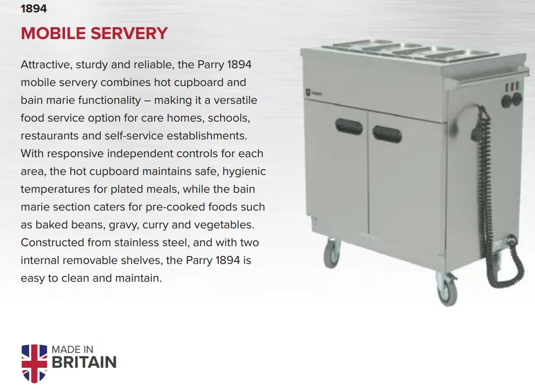Mobile Hot Cupboard & Bain Marie Servery – 4 GN Pans, 20 Meal Capacity, Removable Shelves, Castors