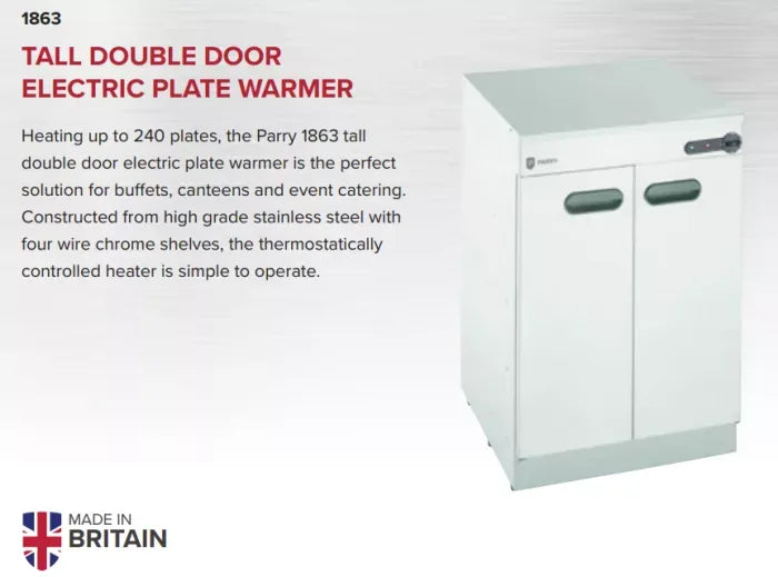 Tall Double Door Electric Plate Warmer – 240 Plate Capacity, Stainless Steel, Thermostatic Control, Chrome Shelves