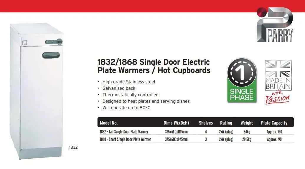Compact Single Door Electric Plate Warmer – 90 Plate Capacity, Stainless Steel, Thermostatic Control, 2kW