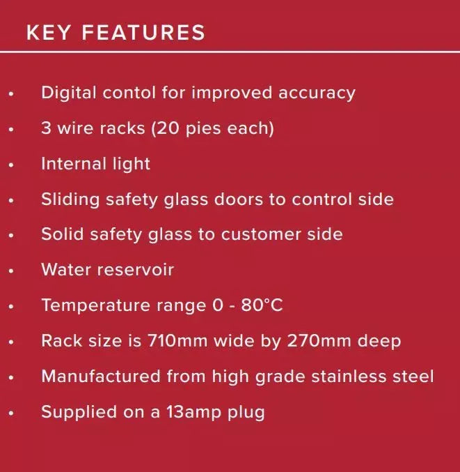 Digital Electric Heated Pie Cabinet – 3-Rack, 0–80°C, Internal Light, Sliding Glass Doors, Stainless Steel