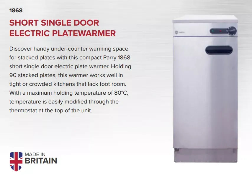 Compact Single Door Electric Plate Warmer – 90 Plate Capacity, Stainless Steel, Thermostatic Control, 2kW