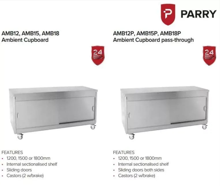 Mobile Ambient Storage Cupboard – 1500mm Stainless Steel, Sliding Doors, Adjustable Shelves