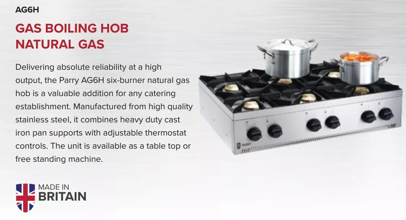 6-Burner Natural Gas Boiling Hob – Stainless Steel Countertop Cooker, Heavy-Duty Pan Supports, Flame Failure Safety