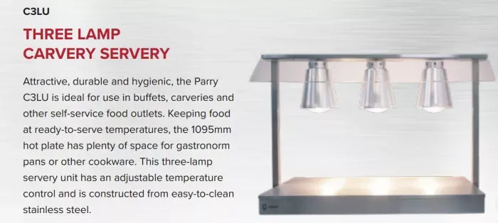 Carvery Servery with 3 Heat Lamps & Heated Base – Stainless Steel, 1.3kW, 1165x505x737mm