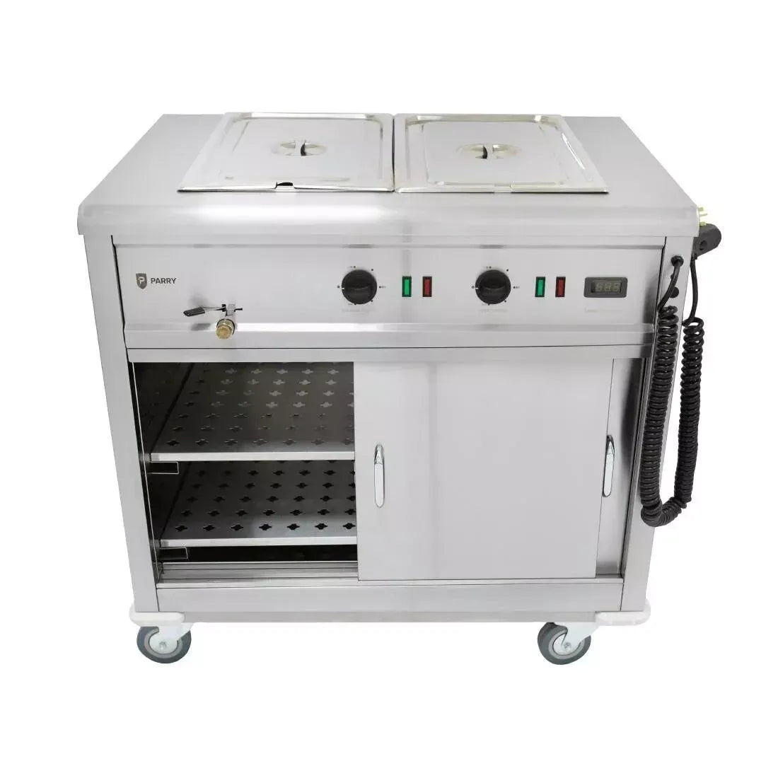 Mobile Bain Marie Servery – 900mm Stainless Steel, Digital Temperature Display, Sliding Doors, Castors & Push Handle