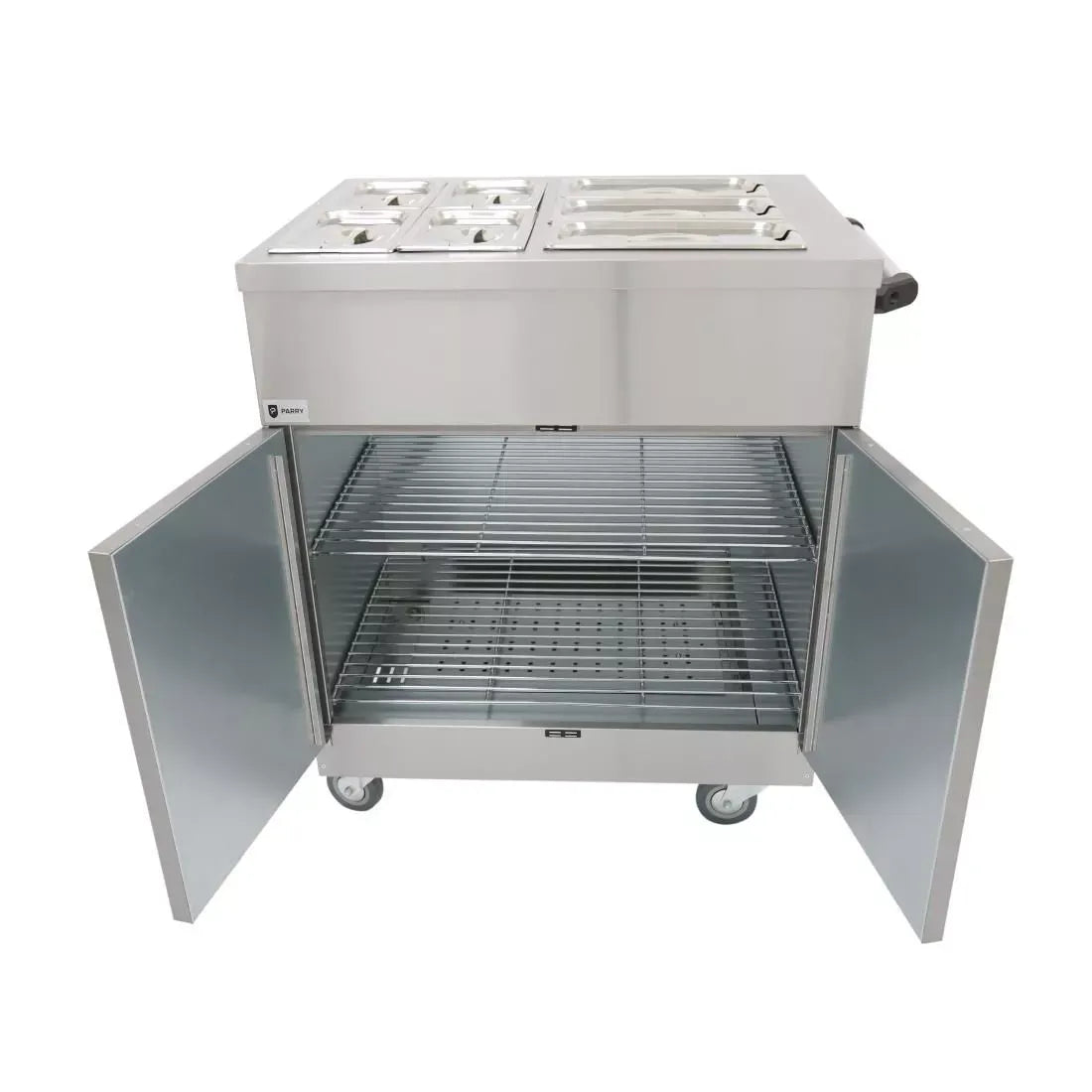 Mobile Bain Marie Servery with Hot Cupboard – GN Pan Capacity, 30 Meal Serving, Castors