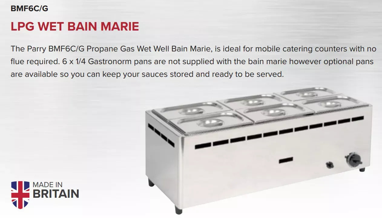 LPG Wet Well Bain Marie – 6 x 1/4 GN Pan Capacity, Stainless Steel, Mobile Catering