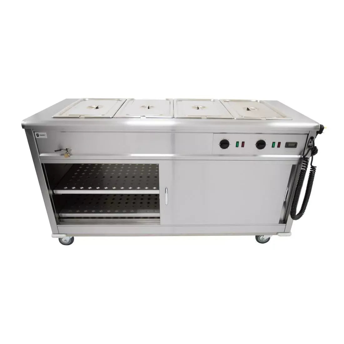 Mobile Bain Marie Servery – 1500mm Stainless Steel, Wet & Dry Heat, Digital Display, Sliding Doors, Castors, 4.3kW