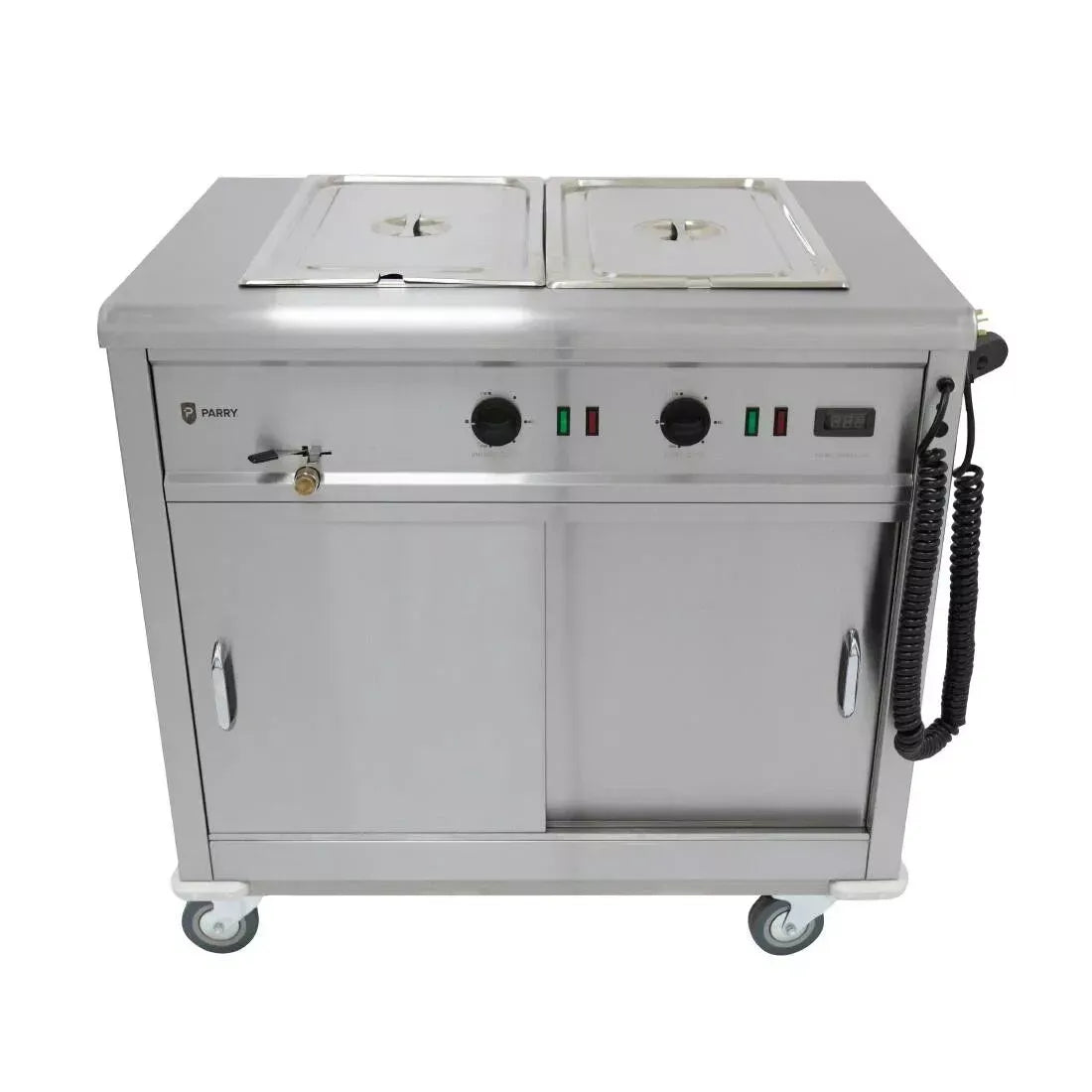 Mobile Bain Marie Servery – 900mm Stainless Steel, Digital Temperature Display, Sliding Doors, Castors & Push Handle