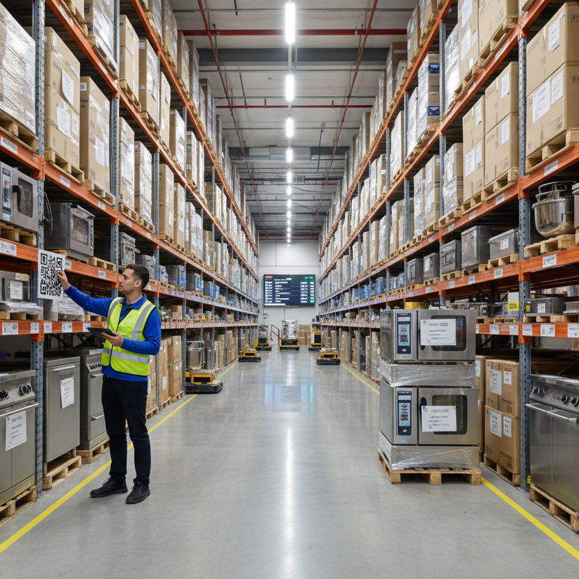“Logistics and warehouse environment with packaged commercial kitchen equipment, barcode scanning or tablet in use, organised shelving, professional supply chain atmosphere”